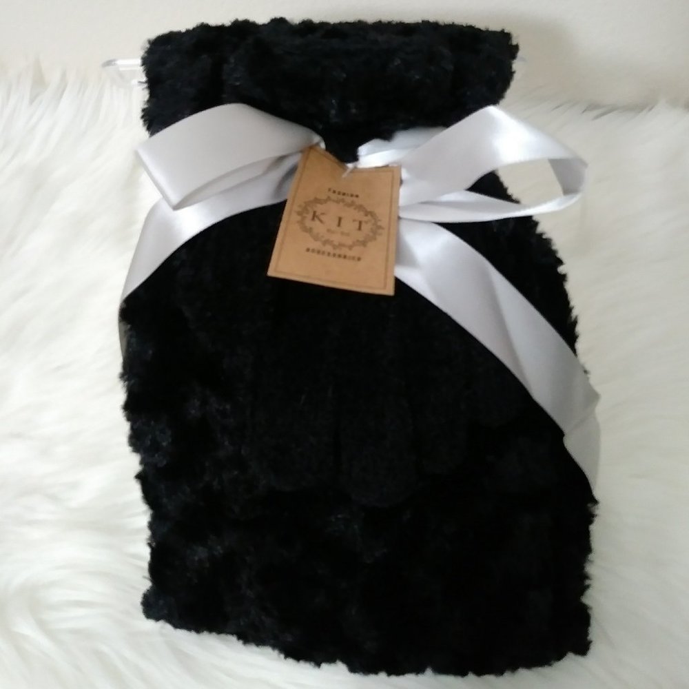 Fashion K I T Chenille Black Warm and Cozy Scarf and Gloves Set